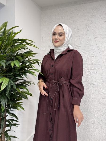 CEREMONY 5892 KONTRAST DİKİŞLİ ÖNÜ ÇITÇITLI TEK CEPLİ DUBAI GÖMLEK KAP KAHVERENGİ