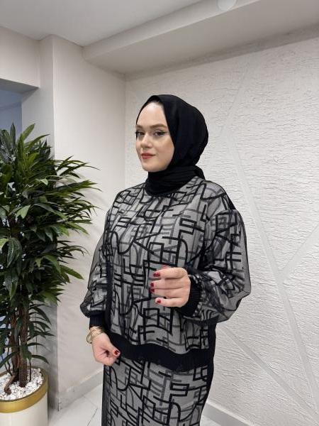 CEREMONY 6926 TÜL DETAYLI BASKILI TRİKO ETEKLİ TAKIM ORİJİNAL