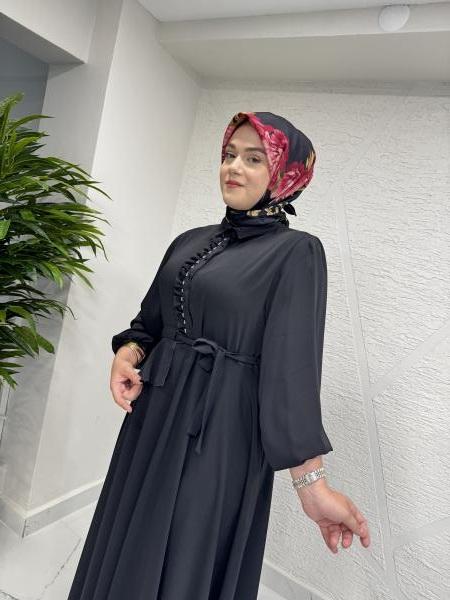 CEREMONY 5768 ÖNDEN PATI FIRFIRLI BELDEN KUŞAKLI KLOŞ VİEN ELBİSE SİYAH
