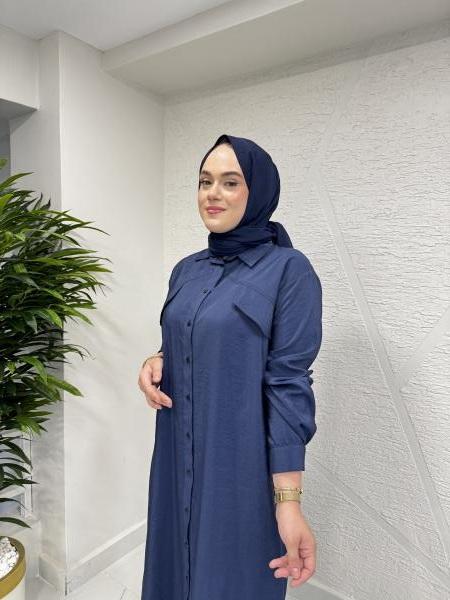 CEREMONY 5713 HALKA DETAYLI ÖNÜ DÜĞMELİ KAPAK CEPLİ DUBAI GÖMLEK ELBİSE LACİVERT