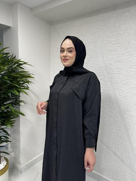 CEREMONY 5713 HALKA DETAYLI ÖNÜ DÜĞMELİ KAPAK CEPLİ DUBAI GÖMLEK ELBİSE SİYAH
