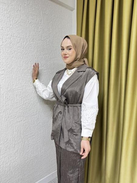 CEREMONY 2470 BELDEN BAĞLAMALI CALIENTE YELEK BOL PAÇA PANTOLON TAKIM KAHVERENGİ