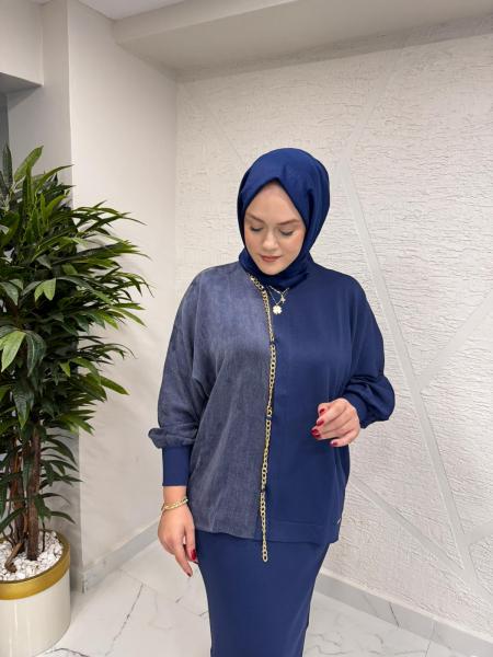 NİLİWİ 3100 YARISI KUMAŞ ZİNCİRLİ YARASAKOL TRİKO BLUZ LACİVERT