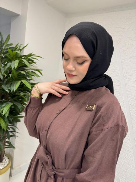 CEREMONY 26Y703 HAKİM YAKA KETEN UZUN ELBİSE KAHVERENGİ