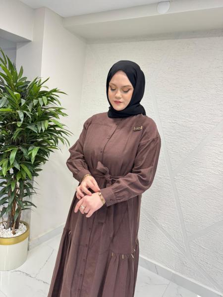 CEREMONY 26Y703 HAKİM YAKA KETEN UZUN ELBİSE KAHVERENGİ