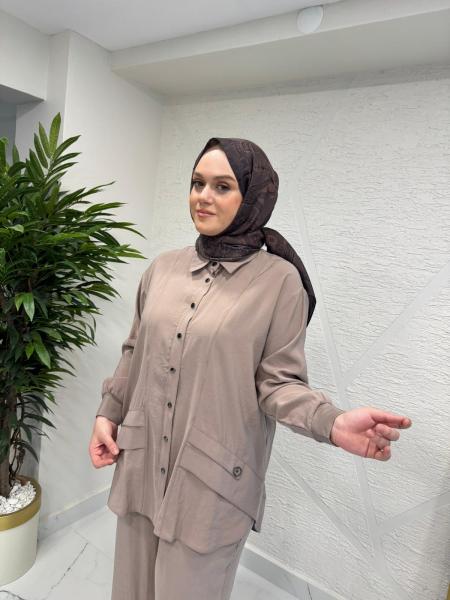 CEREMONY 26Y927 CEP KAPAKLARI TAŞ İŞLEMELİ MODAL PANTOLONLU TAKIM VİZON