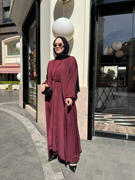 CEREMONY 26Y950 İÇ ELBİSESİ ÖNDEN KAPALI PİLE KAFTANLI CUPRA ELBİSE TAKIM BORDO