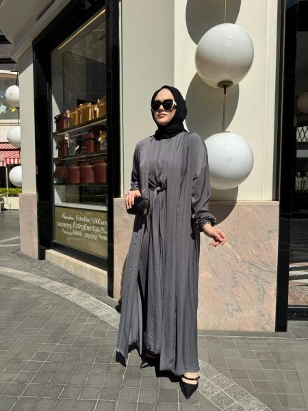 CEREMONY 26Y950 İÇ ELBİSESİ ÖNDEN KAPALI PİLE KAFTANLI CUPRA ELBİSE TAKIM GRİ