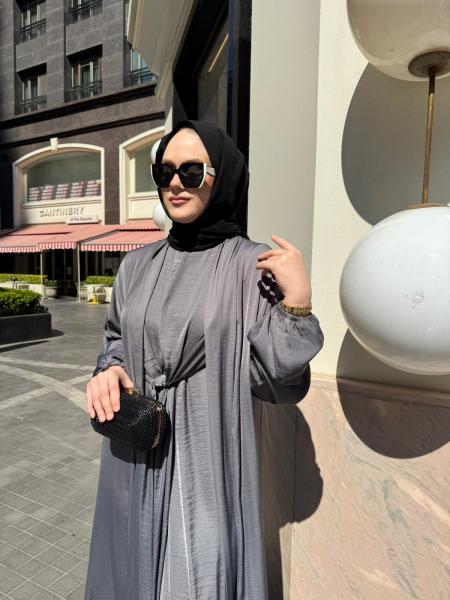 CEREMONY 26Y950 İÇ ELBİSESİ ÖNDEN KAPALI PİLE KAFTANLI CUPRA ELBİSE TAKIM GRİ