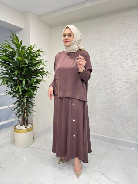 CEREMONY 26Y956 BLUZU VE ETEĞİ ÇIT ÇIT AKSESUAR DETAYLI SAPPHIRE TAKIM KAHVERENGİ