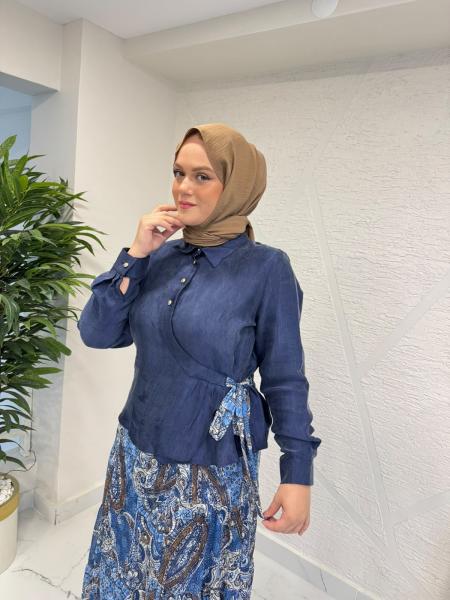 ORHAN 2825 ETEĞİ DESENLİ BELDEN KUŞAKLI TAKIM LACİVERT