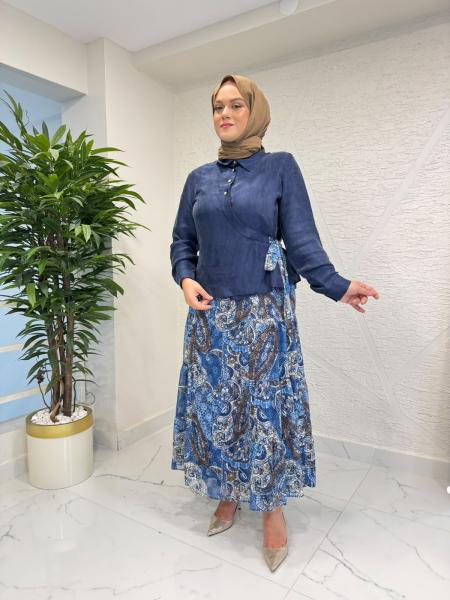 ORHAN 2825 ETEĞİ DESENLİ BELDEN KUŞAKLI TAKIM LACİVERT