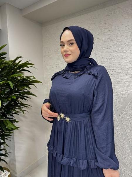 MISSEMRAMISS 4800 SHINY RUFFLE ELBİSE LACİVERT
