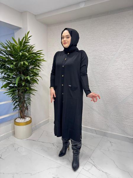 NİLİWİ 3055 ETEK UCU FİTİLLİ ARA BOY TRİKO HIRKA SİYAH