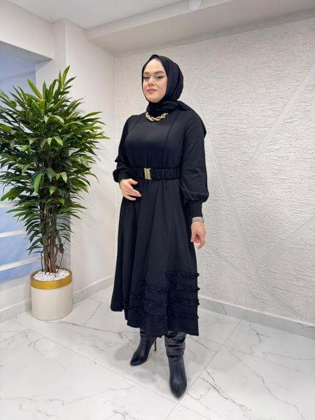 NİLİWİ 3084 ETEK UCU TİKTAK FIRFRILI TRİKO ELBİSE SİYAH