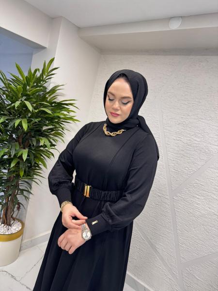 NİLİWİ 3084 ETEK UCU TİKTAK FIRFRILI TRİKO ELBİSE SİYAH