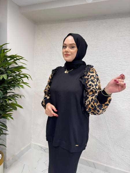 NİLİWİ 3103 LEOPAR KOLLU DANTEL FIRFIRLI TRİKO TUNİK SİYAH