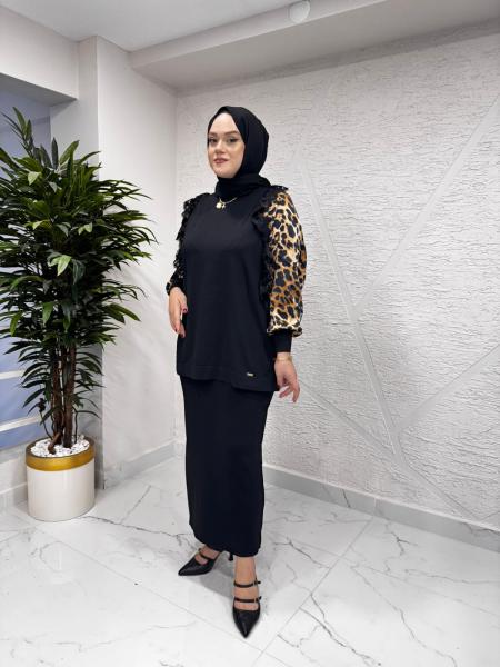 NİLİWİ 3103 LEOPAR KOLLU DANTEL FIRFIRLI TRİKO TUNİK SİYAH