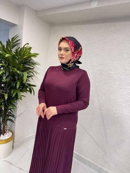 NİLİWİ 3110 ETEĞİ PİLİSELİ TRİKO ELBİSE BORDO