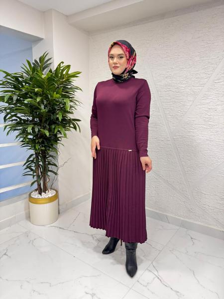 NİLİWİ 3110 ETEĞİ PİLİSELİ TRİKO ELBİSE BORDO