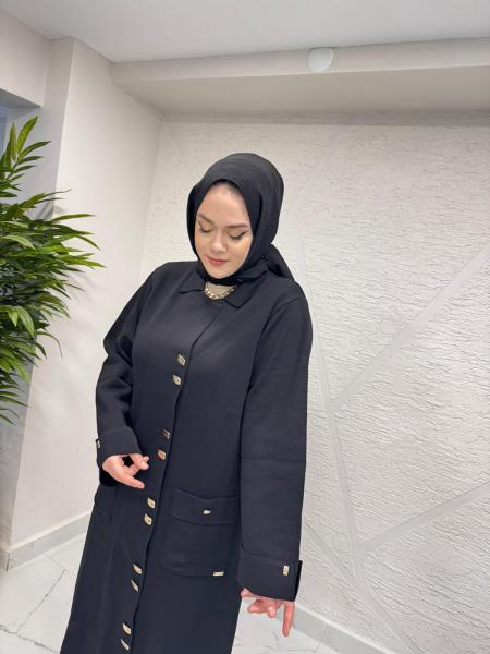 NİLİWİ 3114 KOLLARI VE CEBİ DUBLE UZUN TRİKO HIRKA SİYAH