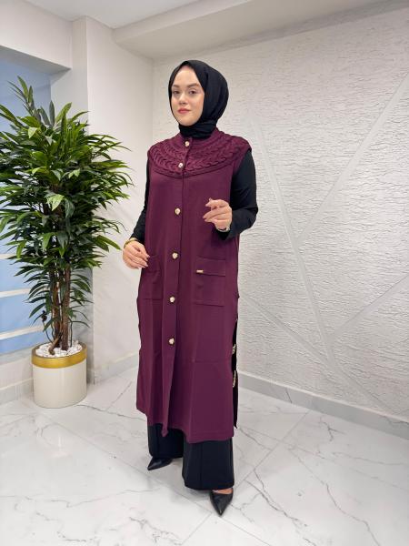NİLİWİ 3116 YAKASI SAÇ ÖRGÜLÜ TRİKO YELEK BORDO