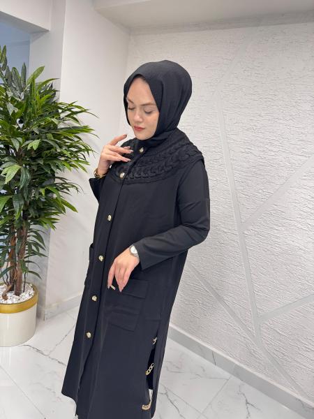 NİLİWİ 3116 YAKASI SAÇ ÖRGÜLÜ TRİKO YELEK SİYAH
