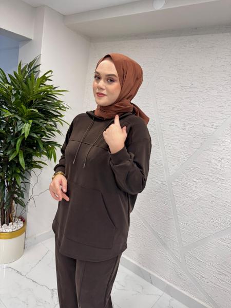 İKOL 36056 KESİK DETAYLI KANGURU CEPLİ TAKIM KAHVERENGİ