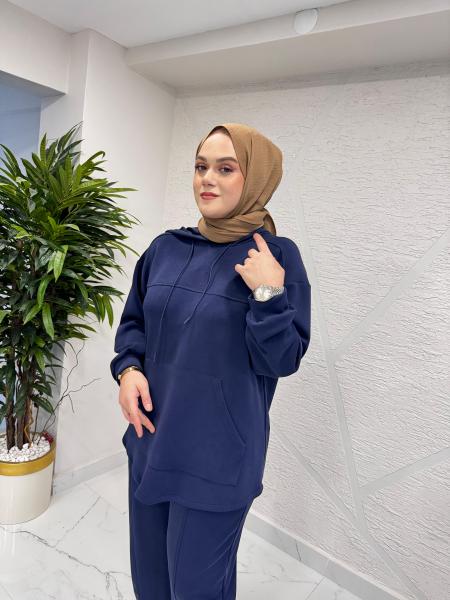 İKOL 36056 KESİK DETAYLI KANGURU CEPLİ TAKIM LACİVERT