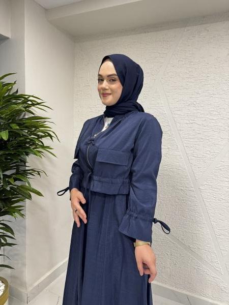 CEREMONY 5899-5633 ETEK UCU VE KOLLARI BÜZGÜLÜ ÖNDEN FERMUARLI AKSESUARLI KISA DUBAI CEKET ETEK TAKIM LACİVERT