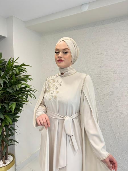 ETRUCCI 4253 ELİŞİ İŞLEMELİ ŞİFON DETAYLI ELBİSE AÇIK BEJ