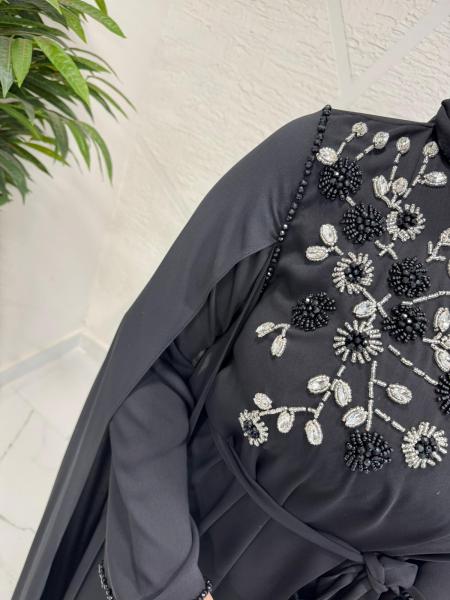 ETRUCCI 4253 ELİŞİ İŞLEMELİ ŞİFON DETAYLI ELBİSE (İÇLİKSİZ) SİYAH