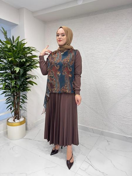 FUAT GÜRŞEN 4307-4407 TUNİĞİ DESENLİ ETEK TAKIM KAHVERENGİ