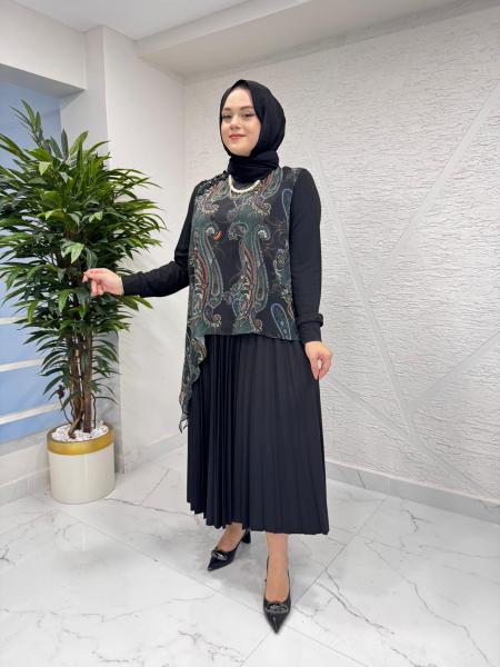 FUAT GÜRŞEN 4307-4407 TUNİĞİ DESENLİ ETEK TAKIM SİYAH
