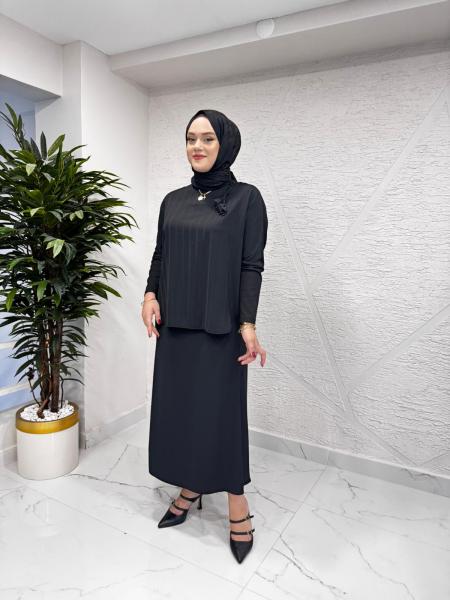 FUAT GÜRŞEN 4309 BLUZU TAŞ İŞLEMELİ TAKIM SİYAH