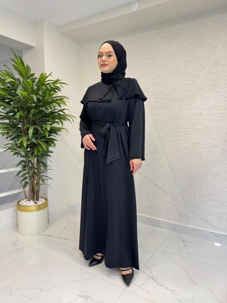 ETRUCCI 4320 ÖZEL YAKA TAŞ İŞLEME DETAYLI ELBİSE SİYAH