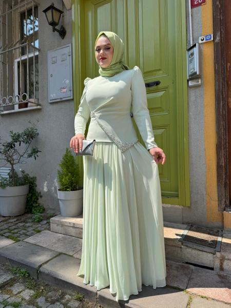 TUAY 4502 KREP ABİYE ELBİSE SU YEŞİLİ