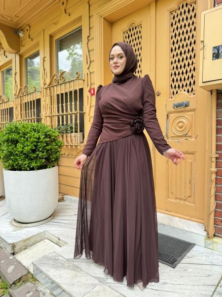 TUAY 4525 KREP ABİYE ELBİSE KAHVERENGİ