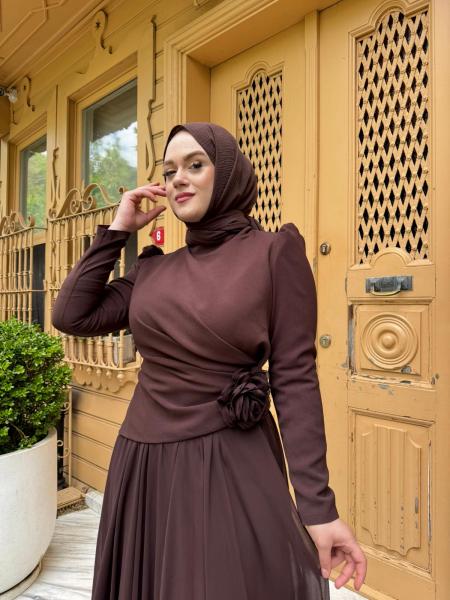 TUAY 4525 KREP ABİYE ELBİSE KAHVERENGİ