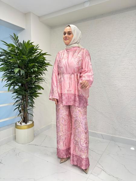 TABA 4525 LIYA DESENLİ PANTOLON TAKIM TOZ PEMBE