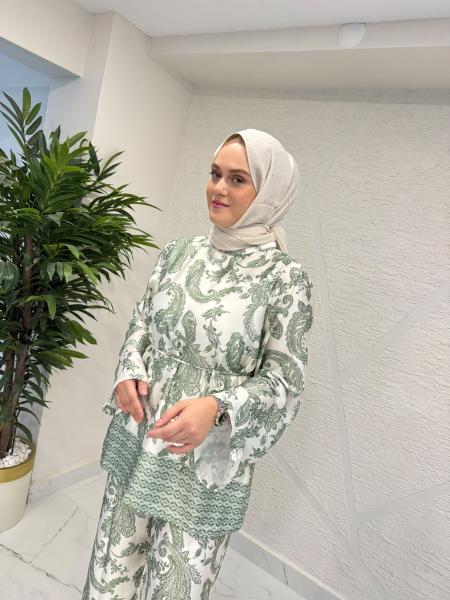 TABA 4525 LIYA DESENLİ PANTOLON TAKIM YEŞİL-BEYAZ
