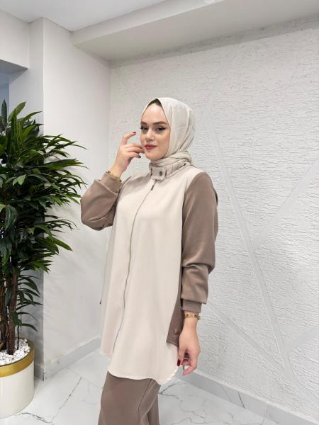 FUAT GÜRŞEN 4609-4406 TUNİĞİ YANDAN DÜĞMELİ PANTOLON TAKIM KAHVERENGİ-BEJ