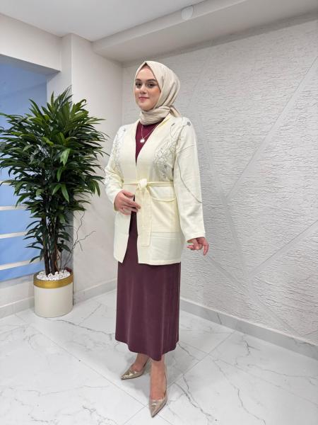 FUAT GÜRŞEN 4612 ÖNÜ VE ARKASI TAŞ İŞLEMELİ HIRKA EKRU