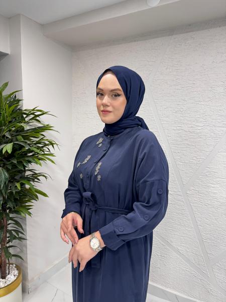 CEREMONY 6701 KOLLARI VE ETEK ALTI DÜĞME DETAYLI ELBİSE LACİVERT