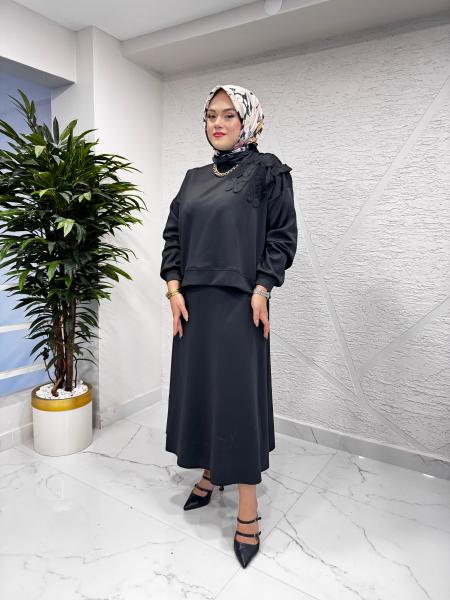 MISSEMRAMISS 4871 ALAERA NAKIŞLI BLUZLU TAKIM SİYAH