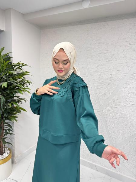 MISSEMRAMISS 4871 ALAERA NAKIŞLI BLUZLU TAKIM ZÜMRÜT