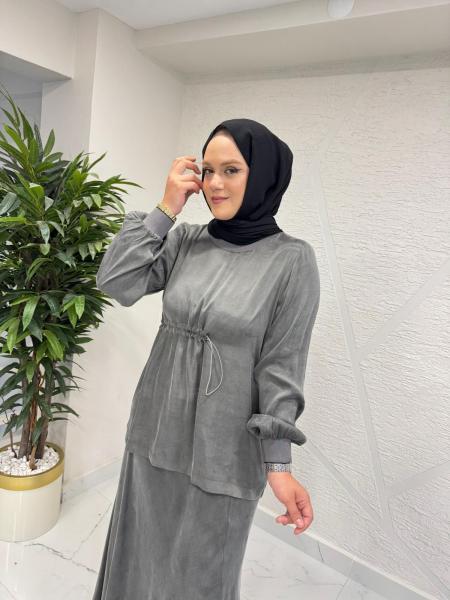 MYRED 50231 BLUZU LASTİK BÜZGÜLÜ ETEKLİ TAKIM GRİ