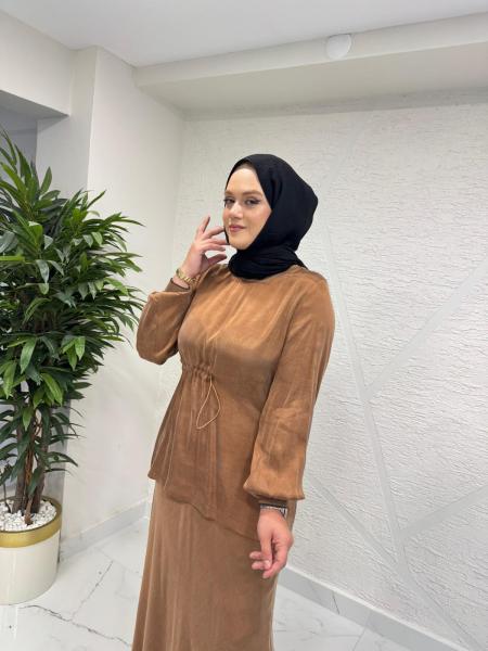 MYRED 50231 BLUZU LASTİK BÜZGÜLÜ ETEKLİ TAKIM VİZON