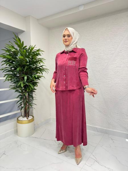 MYRED 50417 GÖMLEĞİ CEPLİ METAL İŞLEMELİ ETEKLİ TAKIM BORDO