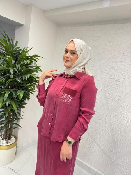 MYRED 50417 GÖMLEĞİ CEPLİ METAL İŞLEMELİ ETEKLİ TAKIM BORDO